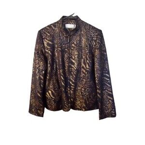 Alfred Dunner Band Collar Neck Full Zip Jacket 12P Black Gold Animal Print